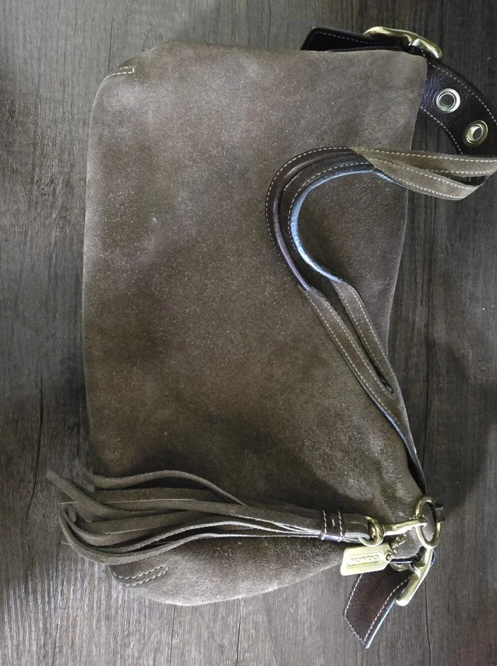 2005 Coach East West Tassel Taupe Suede Hobo Bag